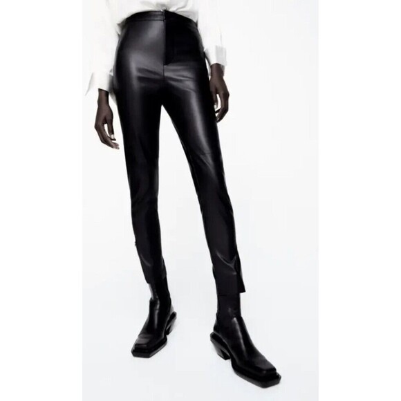 ZARA WOMAN FAUX LEATHER Pants XXL Black HIGH-WAISTED LEGGINGS ANKLE ZIPPER NWOT - Picture 6 of 16
